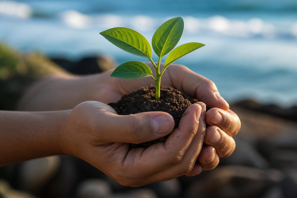 Mãos segurando uma planta nova em crescimento, simbolizando recuperação e nova vida